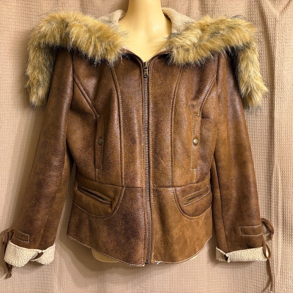 Guess Jacket Brown Fur Hoodie Coat Women's L